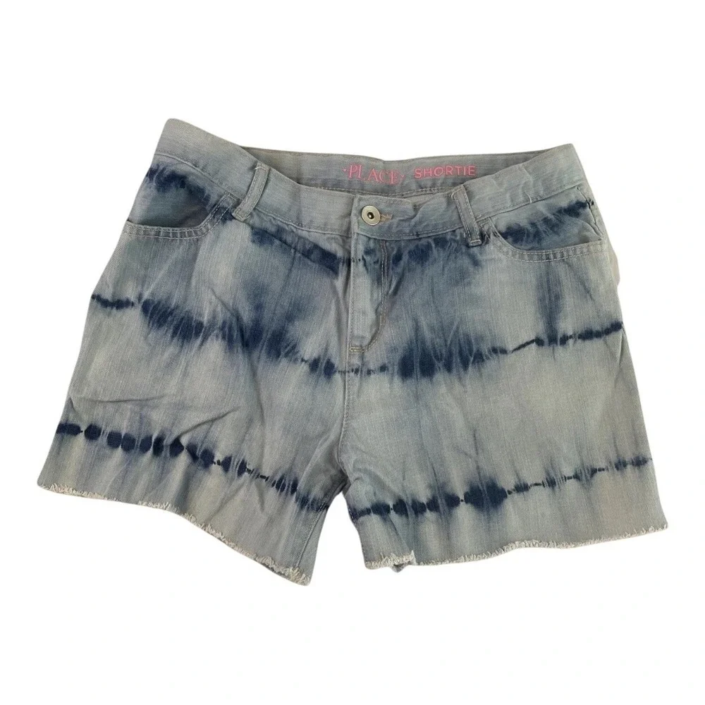 Childrens Place Denim Tie Dye Shorts Girls Size 16 Blue White Frayed Hem Shortie